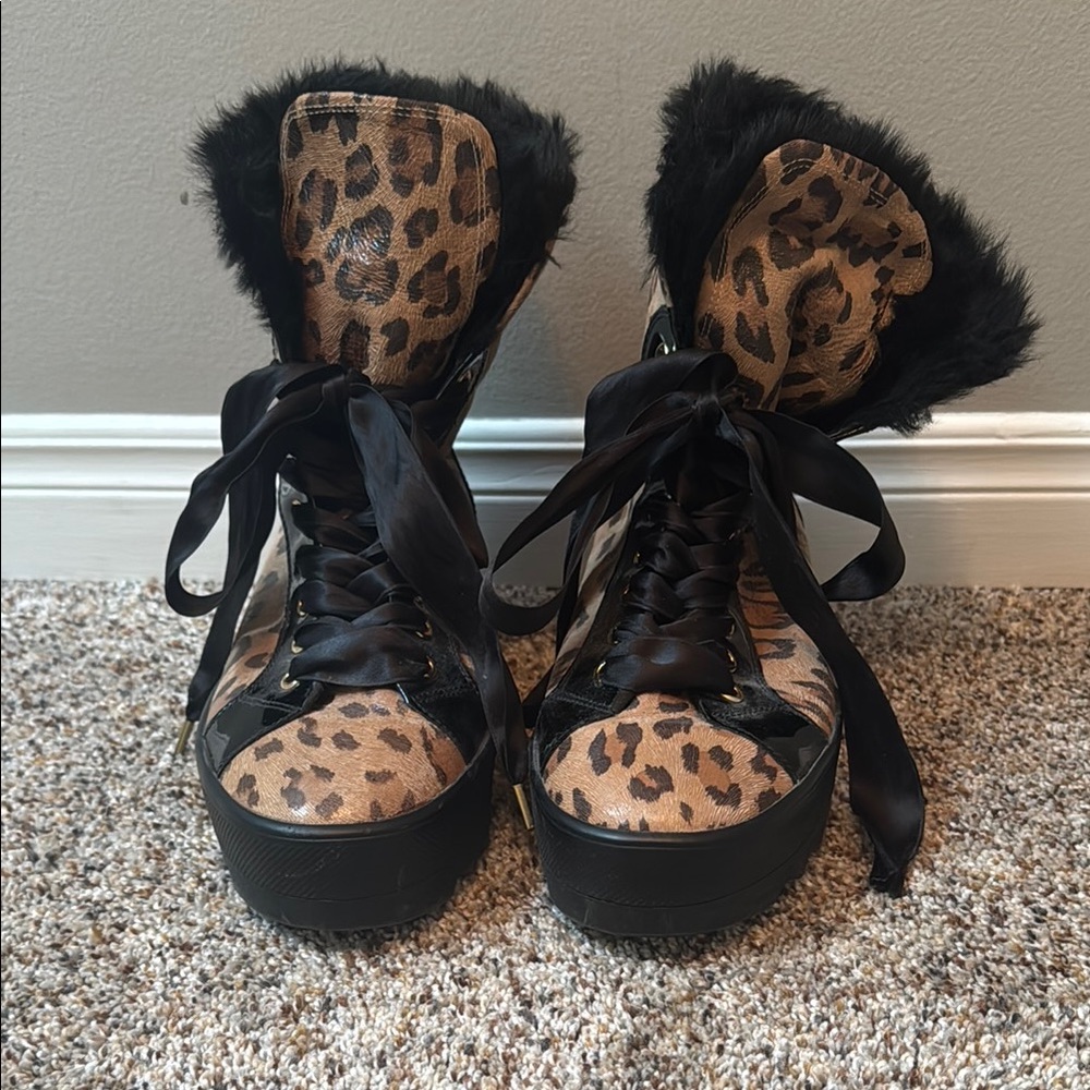 Brown and Black Lace Up Boots with Chunky Sole and Leopard Print
